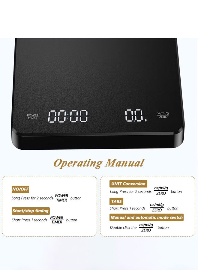 BASILKIT Digital Kitchen Scale Rechargeable， Coffee Scale with Timer - Digital Multifunction Weighing Scale with 3kg/0.1g High Precision - Pour Over Drip - Espresso Scale with Bright LCD Display,with Silicone Non-slip Pad,Black - Image 4